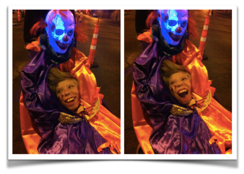 two shots of Mac and Hacky the clown with a beautiful smile on Mac's face in the first image and a totally wild smile in the second.  The skeleton skull of the 'hacky the clown' part of the costume is lighting up with different led colours... totally creepy.