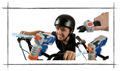 Image showing teenage boy riding a bmx bike with water pistol mounted on the handle bars (head & shoulder shot).  Inset pics show close up of the button control unit to press with your thumb to operate the water pistol, mounted next to the hand grip.  Additional closeup of the water pistol firing water.